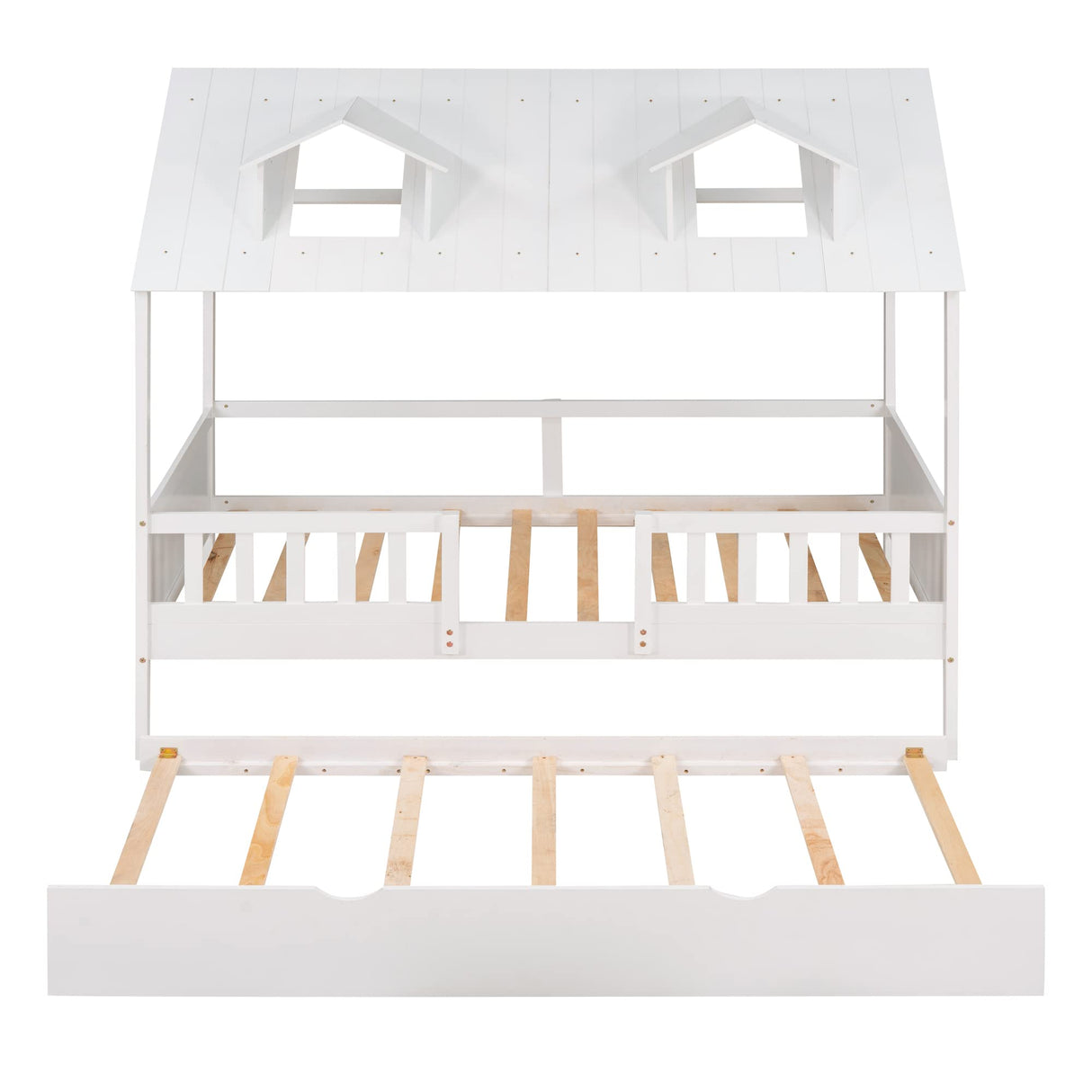 DHPM Twin Size Wooden Playhouse Bed with Trundle and Safety Fence in White DHPM