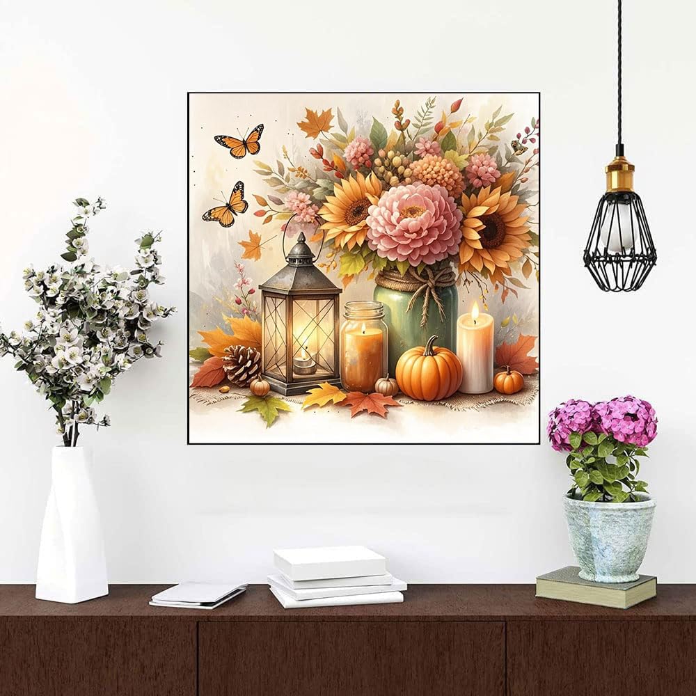 Fall Harvest Diamond Paintings Kits for Adults, Pumpkin Diamond Art Kits Full Drill Diamond Dots Paint with Diamonds Gem Arts and Crafts for Beginner Adults Home Wall Decor Generic