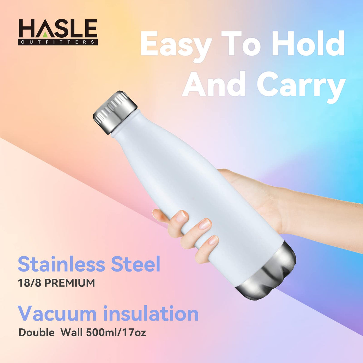 HASLE OUTFITTERS 17oz Stainless Steel Water Bottles Bulk, Vacuum Insulated Water Bottles Double Walled Powder Coated Reusable Metal Sports Water Bottles Keep Drinks Hot and Cold, White, 8Packs HASLE OUTFITTERS