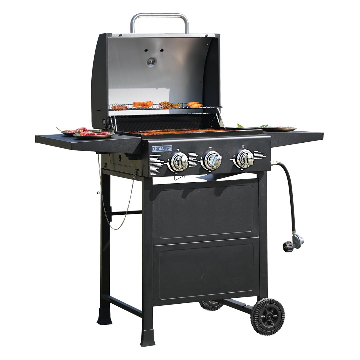 ChuMaste grill propane 3 burner gas grill, Propane grill, bbq grill with thermometer, gas grill outdoor for small gatherings, 30000 BTU barbecue grill with Foldable Rack. ChuMaste