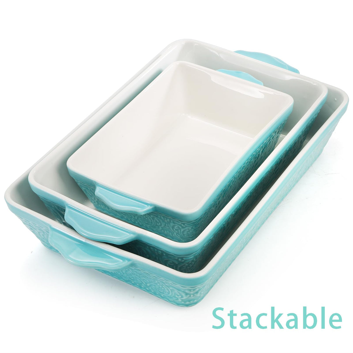 SOUJOY Set of 3 Porcelain Bakeware Set, Casserole Dishes for Oven, Rectangular Baking Dishes with Handles, Lasagna Pan for Cooking, Kitchen, Cake Dinner, Wedding Gift, Banquet and Daily Use SOUJOY