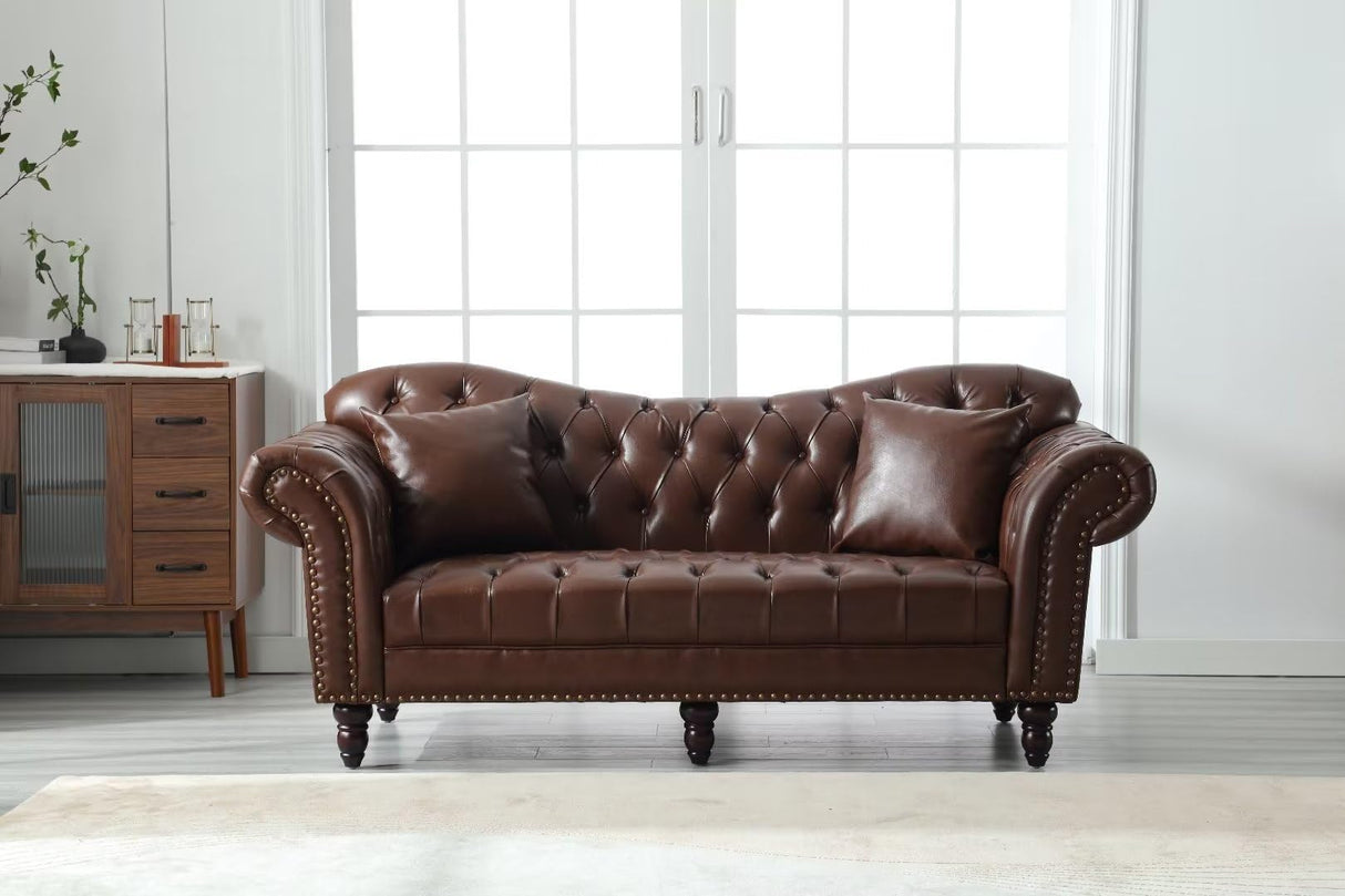 Morden Fort Faux Leather Couch Chesterfield Sofa, 80" W Upholstered Button Tufted Faux Leather Sofa with Pillows, Comfy Couches for Living Room Furniture, Bedroom, Apartment (Brown) Morden Fort