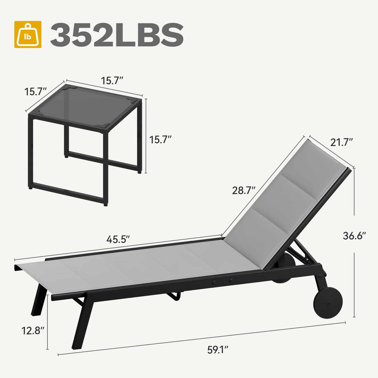 DWVO Outdoor Chaise Lounge Set, 2 Patio Chaise Lounge Chairs with Side Table, Padded Textile Pool Loungers with 5-Level Backrest and Wheels for Beach, Lawn, Porch, Garden (Grey) DWVO