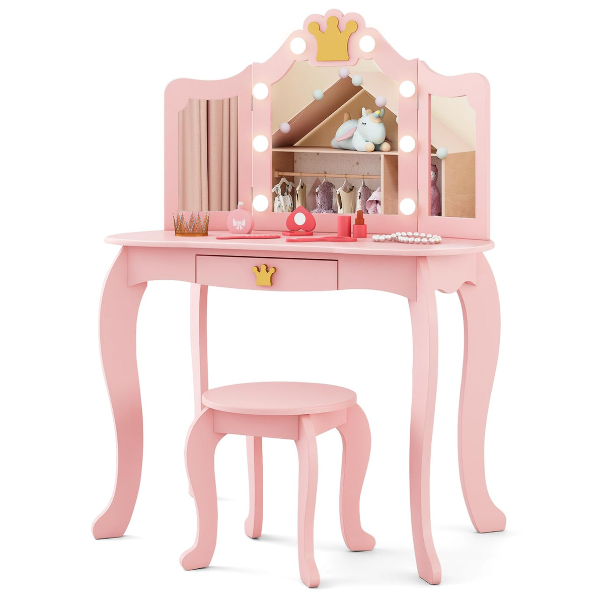 Costzon Kids Vanity with Lights, Girls Vanity Set with Mirror and Stool, Drawer, 2 in 1 Princess Makeup Desk Dressing Table, Toddler Vanity, Pretend Play Kids Vanity Table and Chair Set (Pink) Costzon