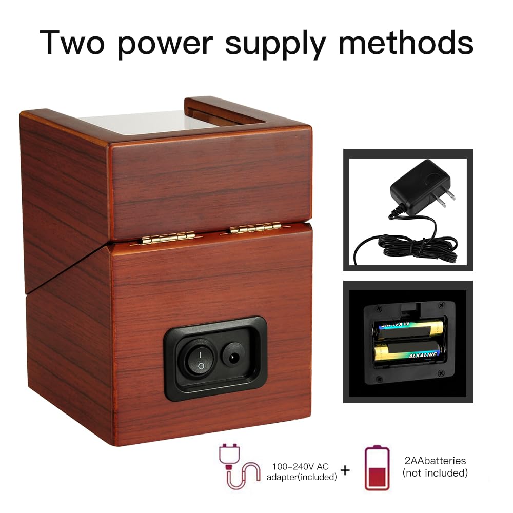 Automatic Single Watch Winder with Quiet Japanese Motor,AC Adapter or Battery Powered,Premium Leather Exterior and Soft Flexible Watch Pillows for Men's and Women's Watches (Wood texture-WW138R) LINGFANSTORE