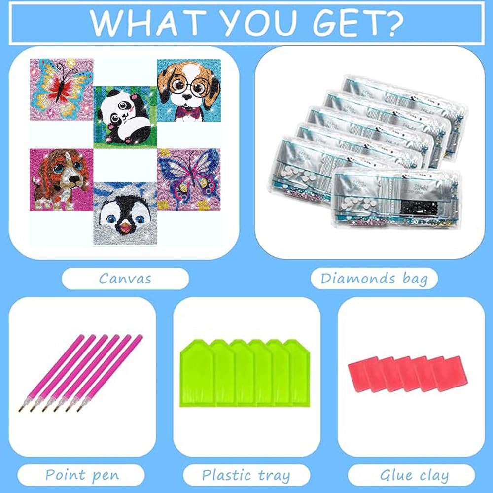 CHWGLFGG 6 Pack Diamond Painting Kits Beginners,5D DIY Diamond Art Kit for Kids 6-8-9-10-12 Girls Boys,Cute Animals Big Gem Art and Crafts,Easy Small Full Drill Painting Kits for Wall Decor 6" X 6" CHWGLFGG