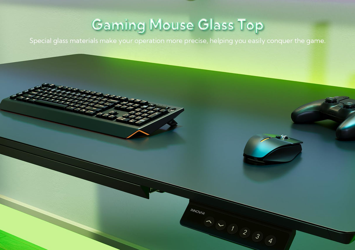 INNOVAR Glass Gaming Desk with Drawers, Electric Standing Desk Adjustable Height, Professional Gaming Glass Surface Improved Precision and Speed, Black 55 inch INNOVAR