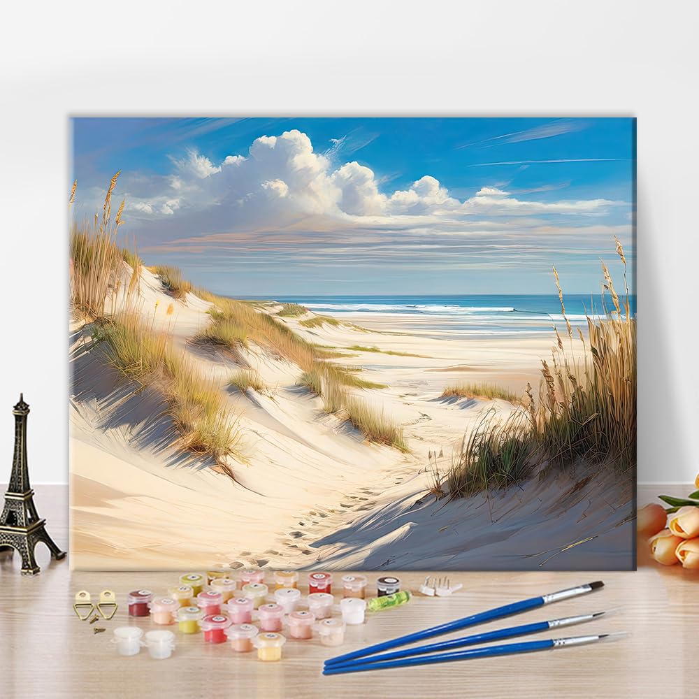 Rebotipy Adults Ocean Paint by Number Kits Coastal Art Painting Oil Painting of The Sea Coast Picture DIY Scenic Nature View with Dunes Paintings by Numbers for Men Lady Seascape Paints Crafts Gifts Rebotipy