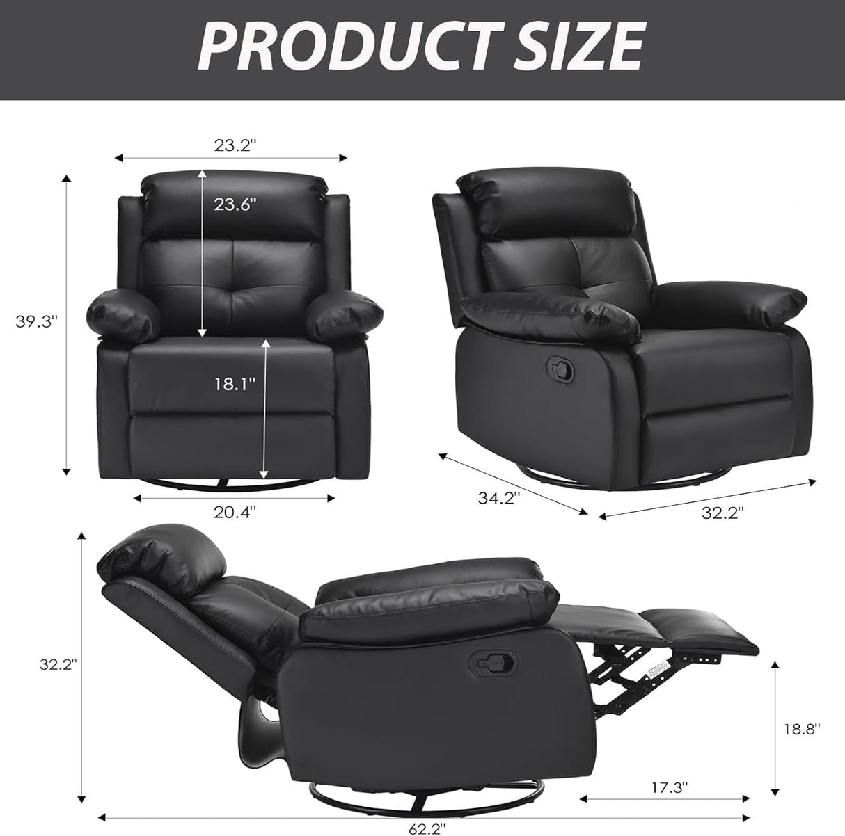 Trygoal Swivel Rocker Recliner, 360 Swivel Small Recliners with 30 Degree, 90-150 Degree Angle, Faux Leather Lift Chair for Home Theater Seating, Adults, Living Room, Bedroom, Black Trygoal