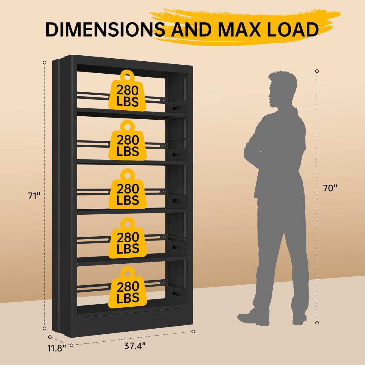 71"H Metal Bookshelf, 5 Tier Bookcase with Adjustable Shelves, Tall Bookcase,Heavy Duty Storage Bookshelves for Library, Office, Bedroom, Living Room, Classroom, Including Book Stopper (Black) Guomao