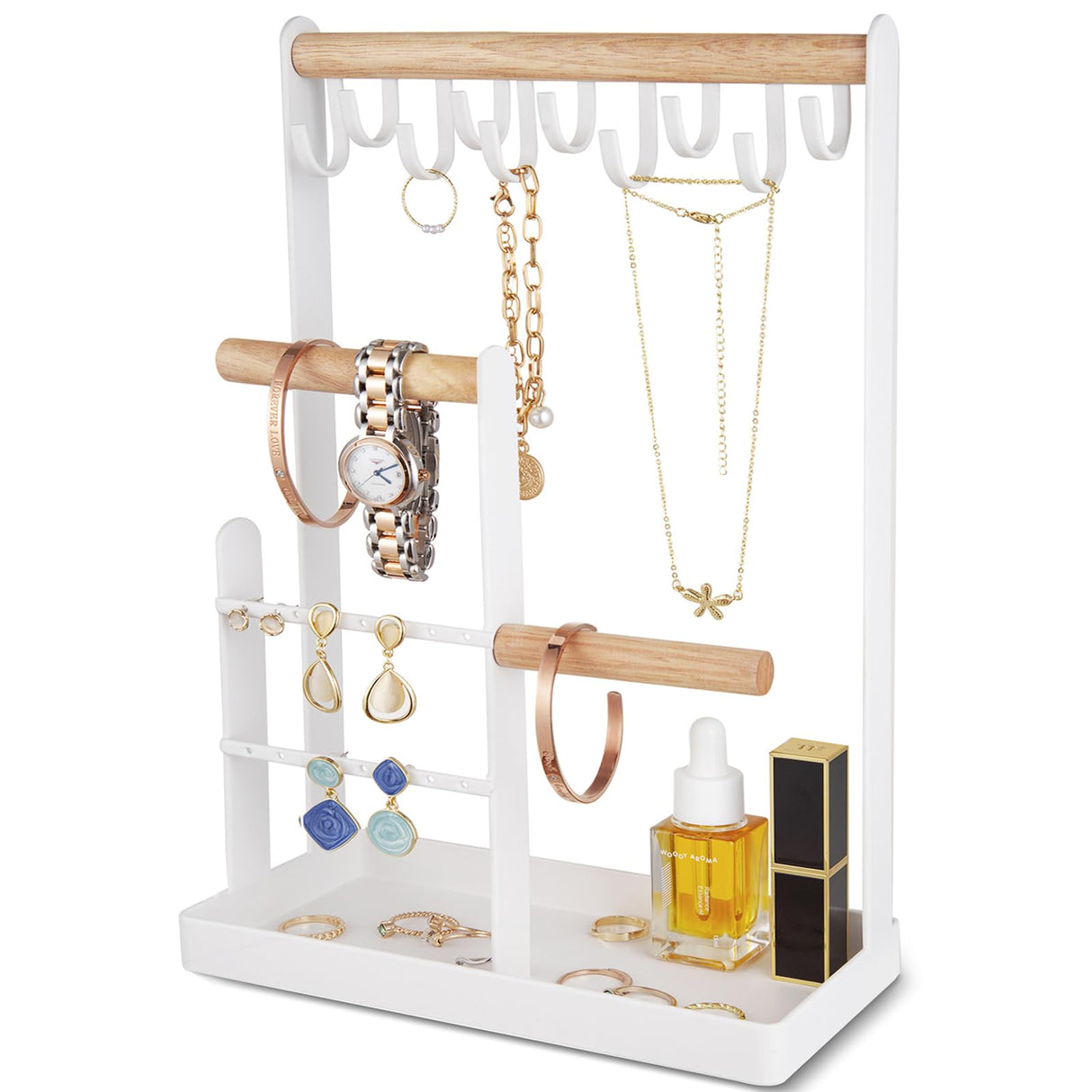 ProCase Jewelry Organizer Stand Necklace Holder, 4-Tier Tower Rack with Earring Tray, 10 Hooks Necklaces Hanging Small Jewelry Display Storage Tree for Bracelets Rings Watches -White ProCase