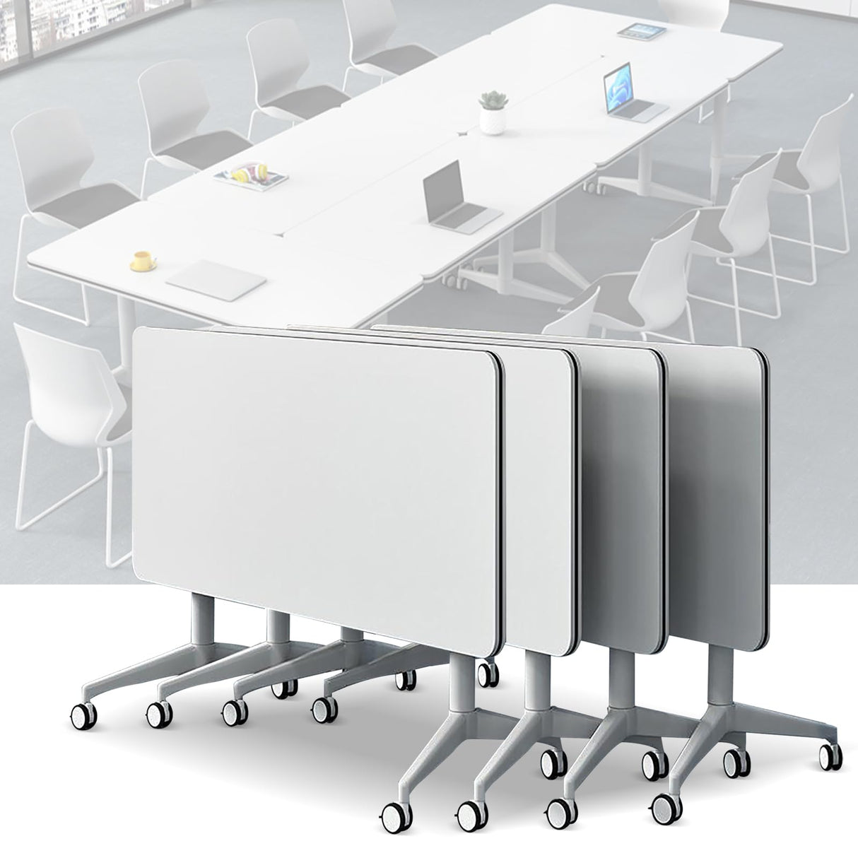 Folding Conference Table 4PCS Long Folding Table 5.2FT Modern Large Mobile Meeting Table Conference Room Tables with Silent Wheels Seminar Table for Office Training Classroom (63" * 23.6" * 29.5") JNMDLAKO