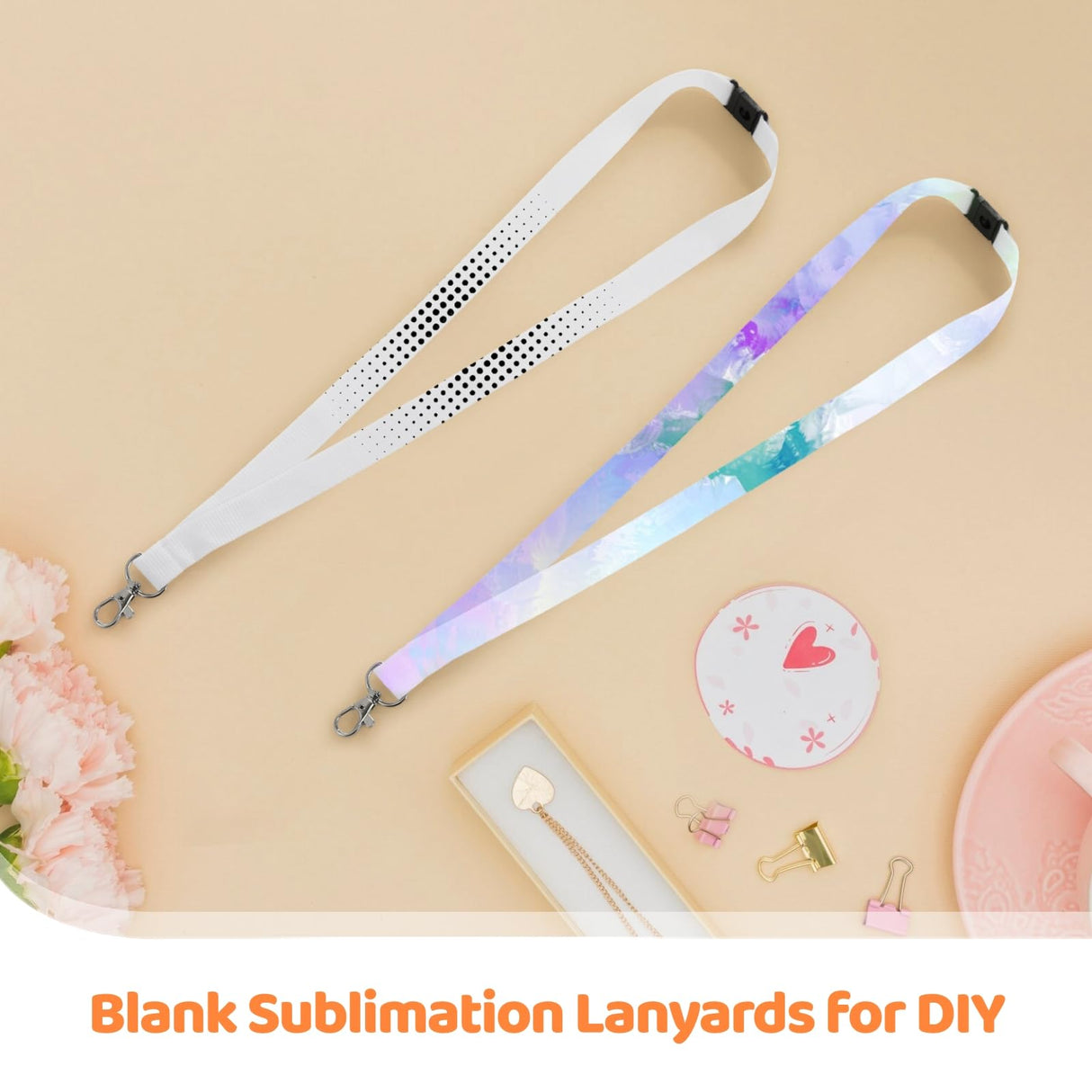 OMISTAR 50 PCS Sublimation Blank Lanyards, Bulk White Sublimation Lanyards with Detachable Buckles, Neck Lanyards Heat Transfer Lanyard for ID Badge Holder Keychain Gifts OMISTAR