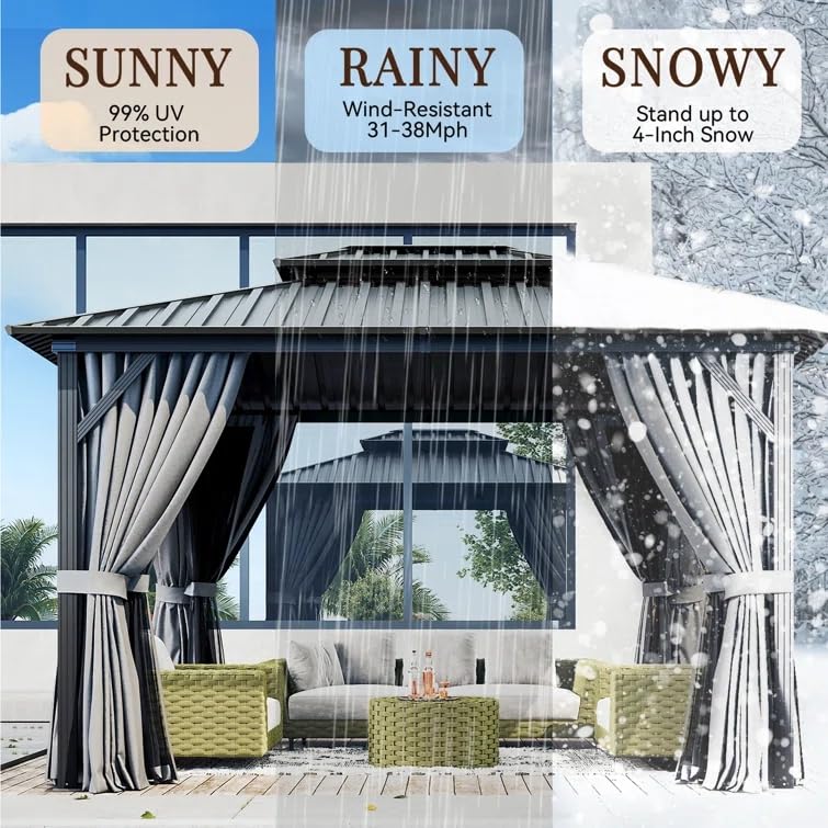 Jolydale Hardtop Gazebo 10X12ft, Outdoor Aluminum Gazebo with Galvanized Steel Double Roof, Permanent Metal Pavilion with Netting, Curtains Jolydale