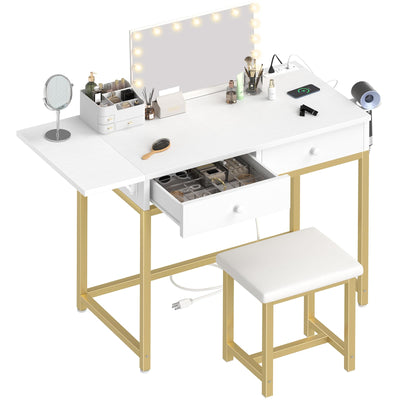 KAI-ROAD Small Makeup Vanity Desk no Mirror - Modern White Vanity Table with Wood Drawers, Padded Stool, Charging Station & Foldable Countertop, Small Computer Desk Home Office Desk for Bedroom
