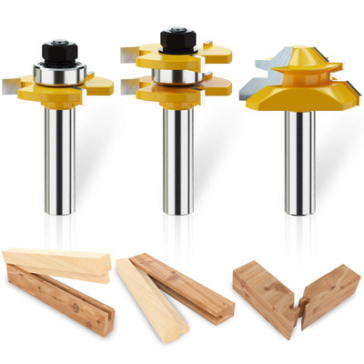 Helovmine Tongue and Groove Router Bit Tool Set 3 Teeth Adjustable T Shape Wood Milling 1/2 Inch Shank with 45°Lock Miter Bit 1/2 Inch Shank for Router Table /Base Router/Kitchen/Bathroom - Pack of 3