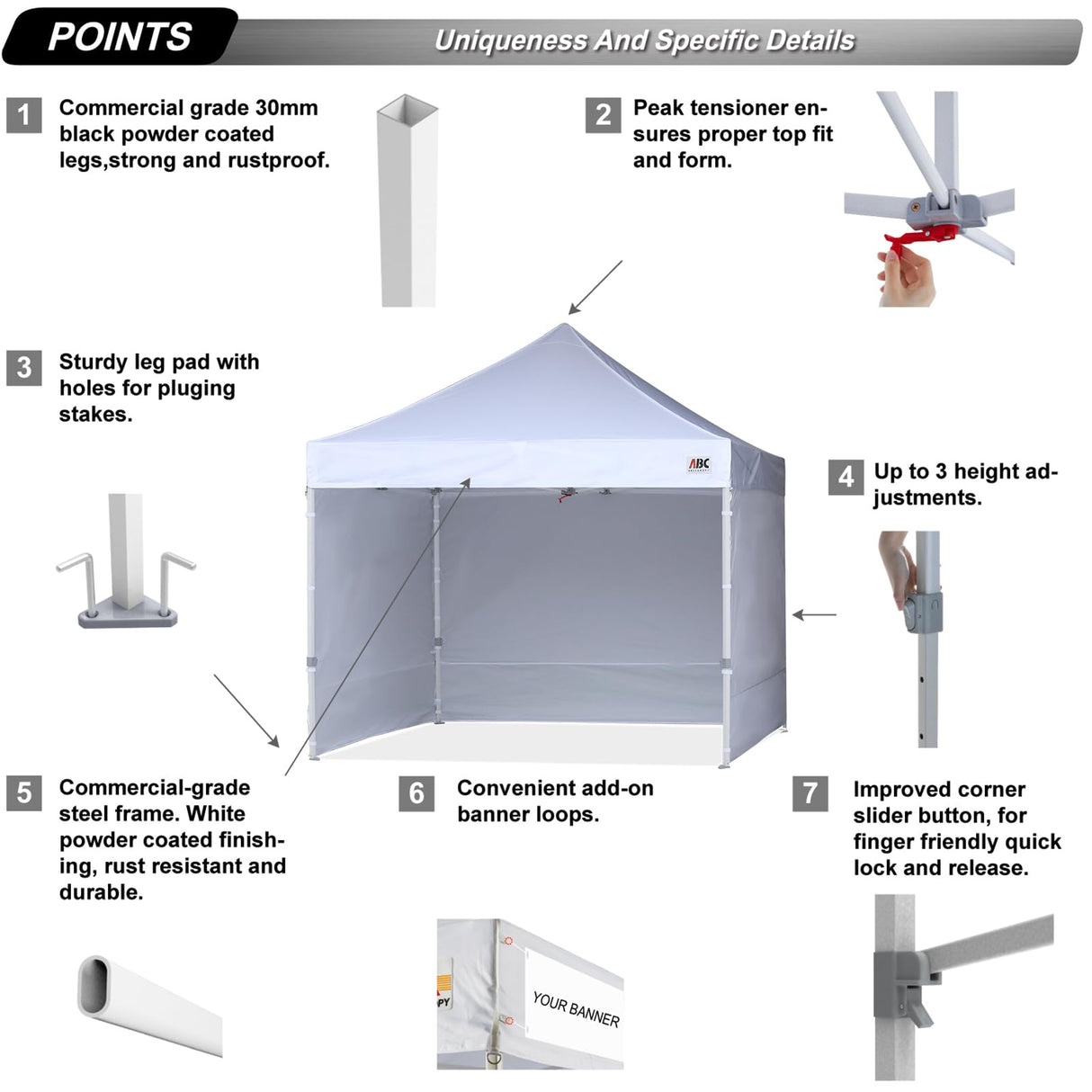 ABCCANOPY Easy Pop Up Canopy Tent with Sidewalls 10x10 Commercial -Series, White ABCCANOPY