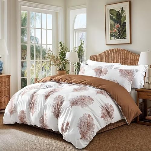 OAITE Duvet Cover Twin Size,Reversible Leaf Brown Duvet Cover Set with Zipper Closure, 3 Pieces Modern Patterns Soft Microfiber Bedding Set with 8 Ties(68’’*90’’,2 Pillow Cases) OAITE