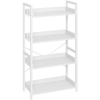 Rolanstar Bookshelf 4 Tier with 4 Hooks, Industrial Wood Bookcase, Vintage Storage Rack with Open Shelves, Rustic Standing Bookshelves Metal Frame Display Rack for Living Room, Bedroom, White
