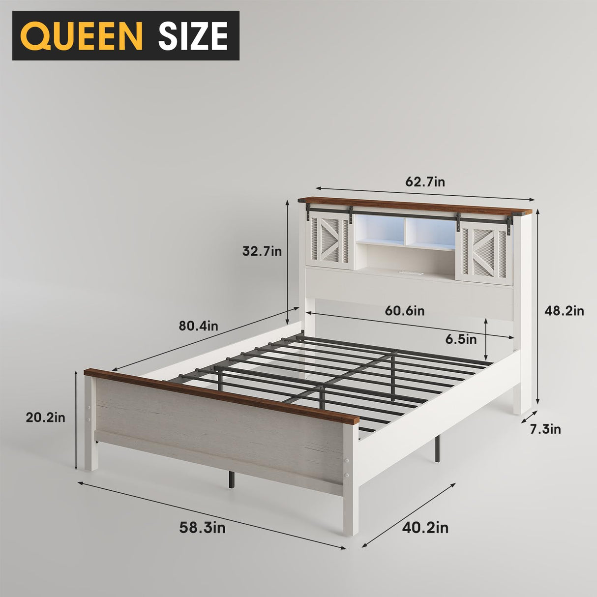 Fameill Farmhouse Queen Size Bed Frame with Storage Headboard, Sliding Barn Door Design, 2-Tier Shelves Storage Bookcase, Charging Ports & USB Outlets, LED Light, No Box Spring Needed, Easy Assembly Fameill