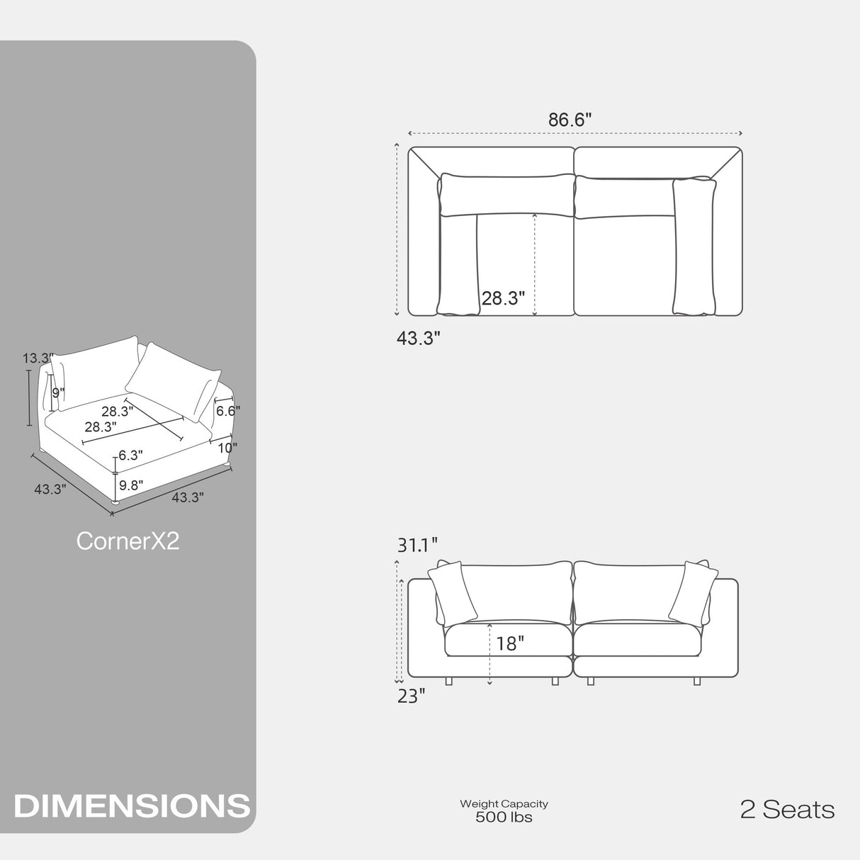 Fajiani Oversized Modular Sectional Sofa,Cloud Couch Deep Seat Sofa Cushion Covers Removable, Oversized Sectional Couches for Living Room (Loveseat-Cream White) Fajiani