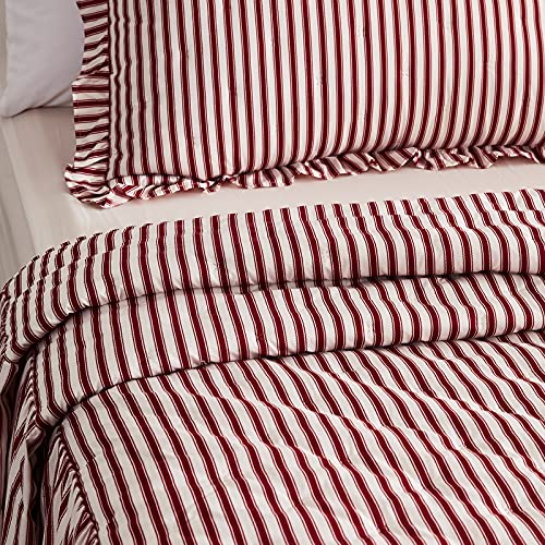 CHIXIN Ticking Stripe Ruffle Skirt Bedspread Queen Size - 30" Long Drop, Shabby Chic Style, Lightweight Bedding Cover, 3 Piece Set, Burgundy Red CHIXIN