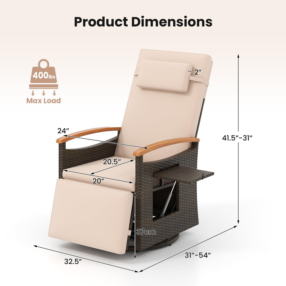 Tangkula Patio Rattan 360 Degree Swivel Recliner Chair, Wicker Lounge Chair w/Adjustable Backrest & Footrest, Cushioned Push Back Reclining Seat w/Flip Side Table for Porch, Yard, Lawn (1, Beige) Tangkula