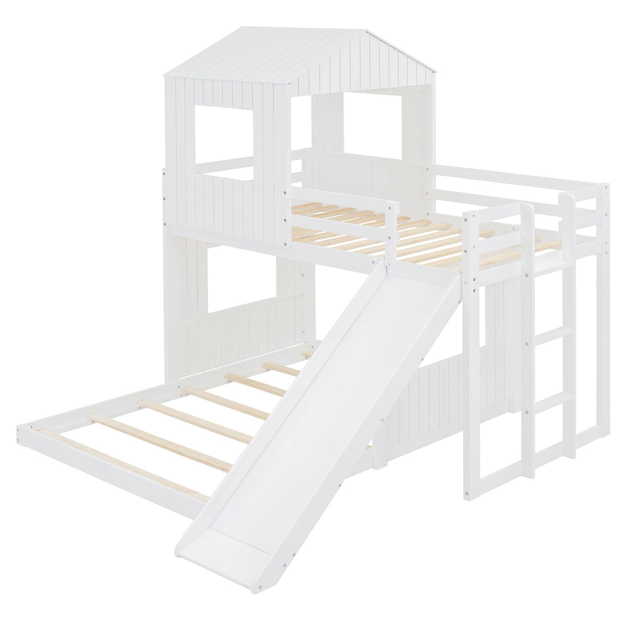 Harper & Bright Designs House Bunk Beds Twin Over Full Size, Wood Bunk Beds with Roof and Window (White, Twin Over Full (with Slide)) Harper & Bright Designs