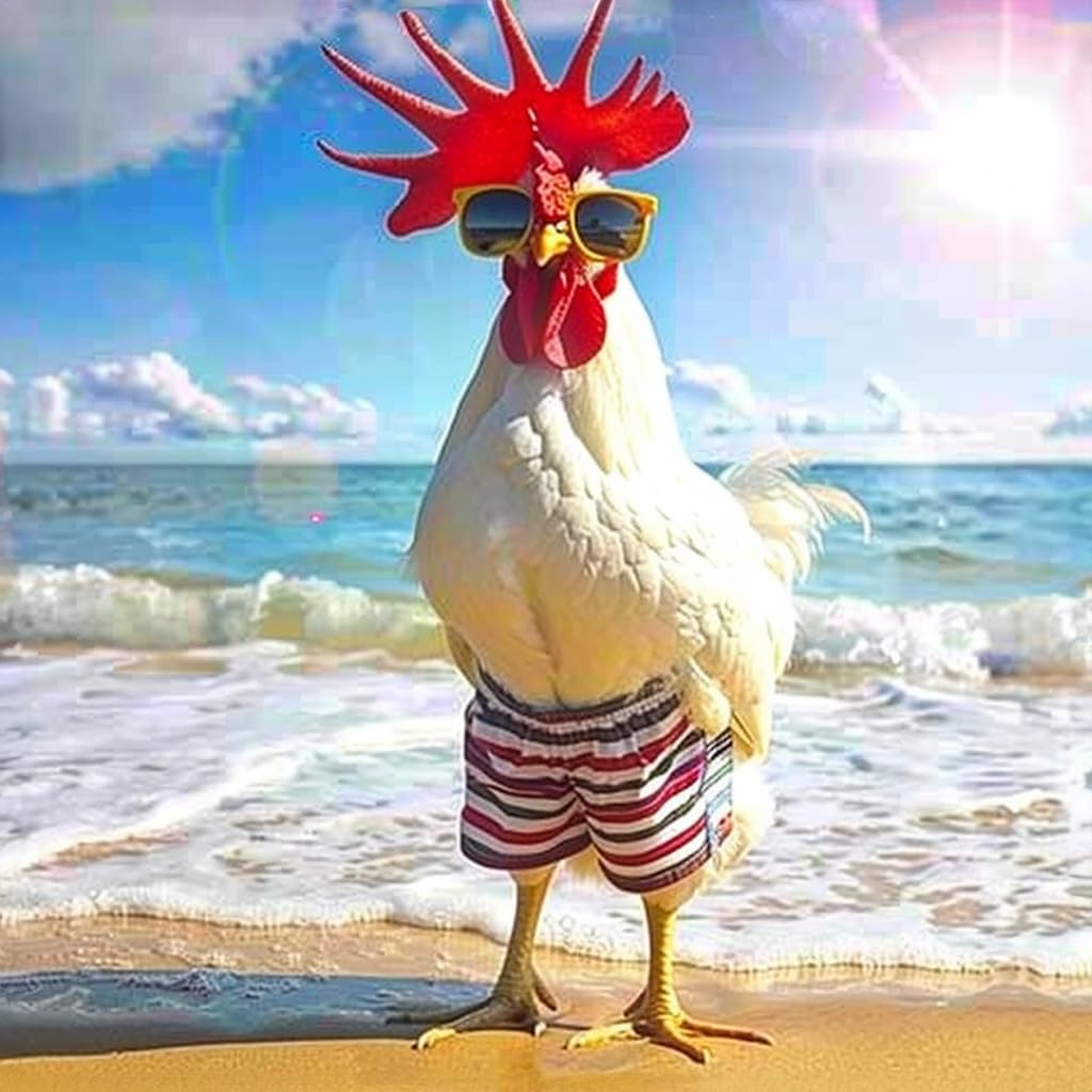 MaiYiYi Cock Diamond Painting by Numbers, 5D Full Round Drill Beach Chicken Diamond Painting Cross Stitch Kit, Funny Chicken Diamond Painting Set for Adult Beginners Wall Art Decor (30X30 CM) MaiYiYi