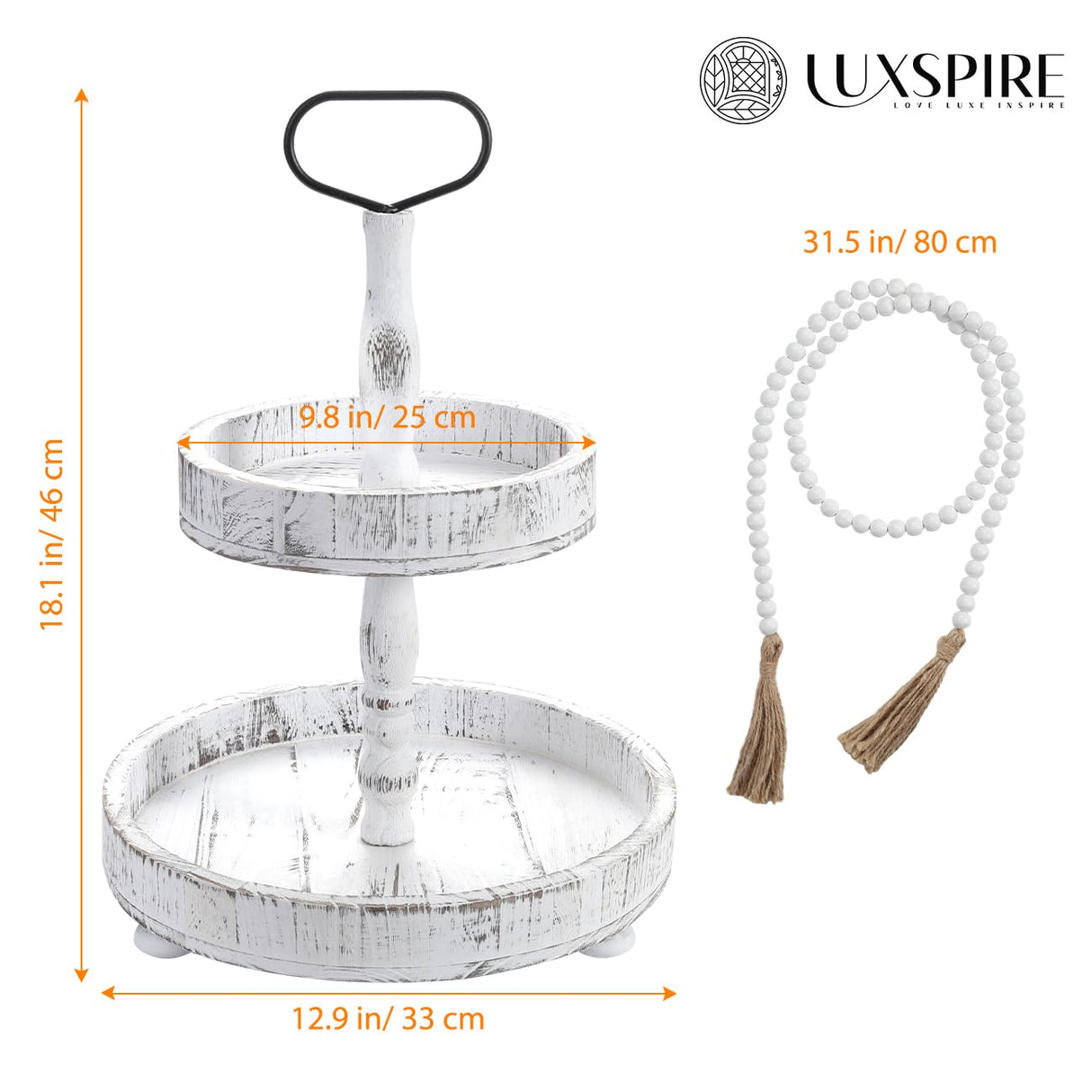 Luxspire Tiered Tray Stand, 2 Tiered Tray Decor with Wooden Beads Garland, Farmhouse Decorative Tray, 2 Tier Serving Tray for Coffee Bar Kitchen Island, Christmas Decor, Rustic White Luxspire