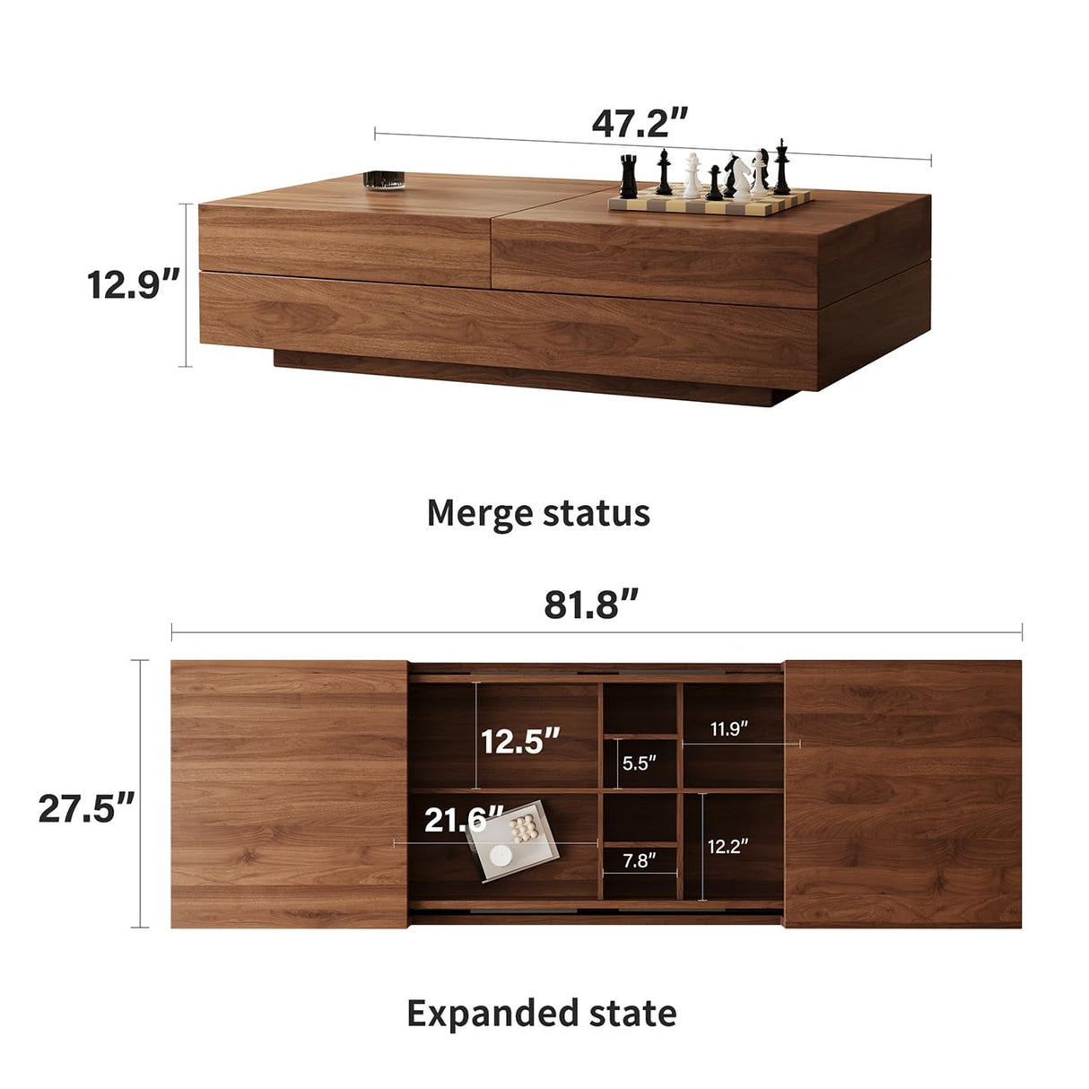 Mid-Century Modern Expandable Coffee Table, 47.2"-81.8" Adjustable Walnut Center Table with Large Hidden Storage for Living Room NessCarsti
