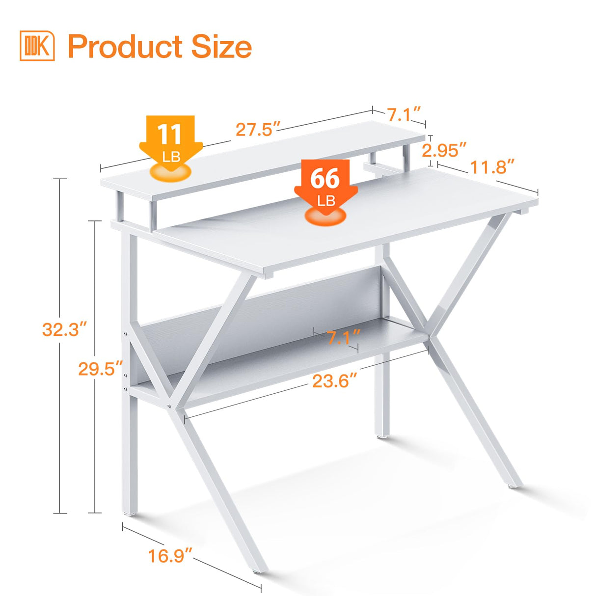 ODK Small Computer Desk, 27.5 inch Desk for Small Spaces with Storage, Compact Table with Monitor & Storage Shelves for Home Office, Modern Style Laptop Desk, Pure White ODK