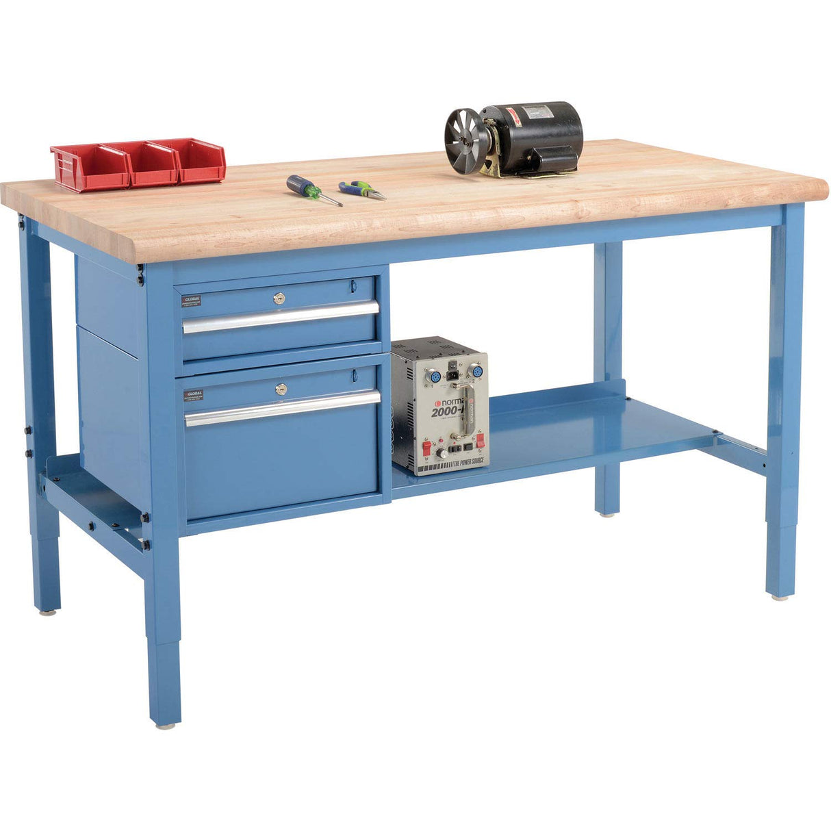 Global Industrial 60" W x 36" D Workbench, 1-3/4" Thick Maple Top Safety Edge with Drawers & Shelf, Blue Global Industrial