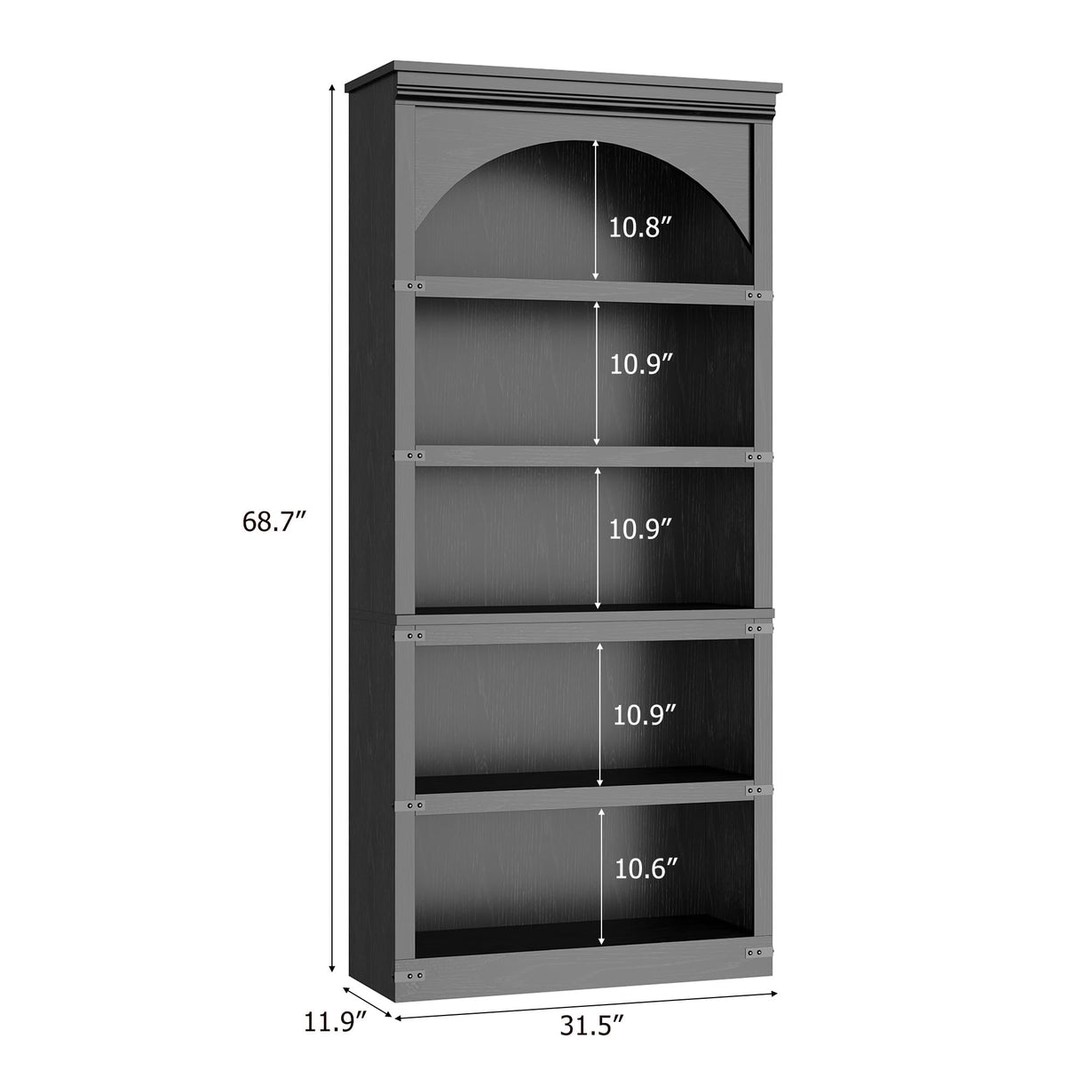 SLEKVERSA Farmhouse Arched Bookcase, 68.7" Tall Bookshelf w/Arche Design, Wooden Arch Bookshelf with Wooden Base, 5 Tier Bookshelves Rustic Vintage Book Shelf for Living Room Office Library (Blcak) SLEKVERSA