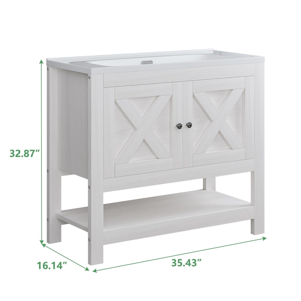4ever2buy Farmhouse Bathroom Vanity with Sink, 35 Inch Bathroom Vanity Cabinet, Freestanding Vanity, 2 Doors and Open Shelf, Bathroom Cabinet with Ceramic Sink, White 4ever2buy