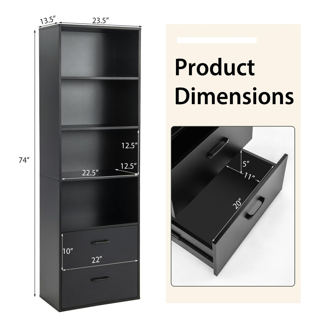 IFANNY 74" Tall Bookcase, Freestanding Bookshelf w/ 4 Open Shelves & 2 Drawers, Modern Display Shelf with Anti-Toppling Device, Wooden Book Shelf for Bedroom, Study, Living Room, Office (Black, 74''H) IFANNY