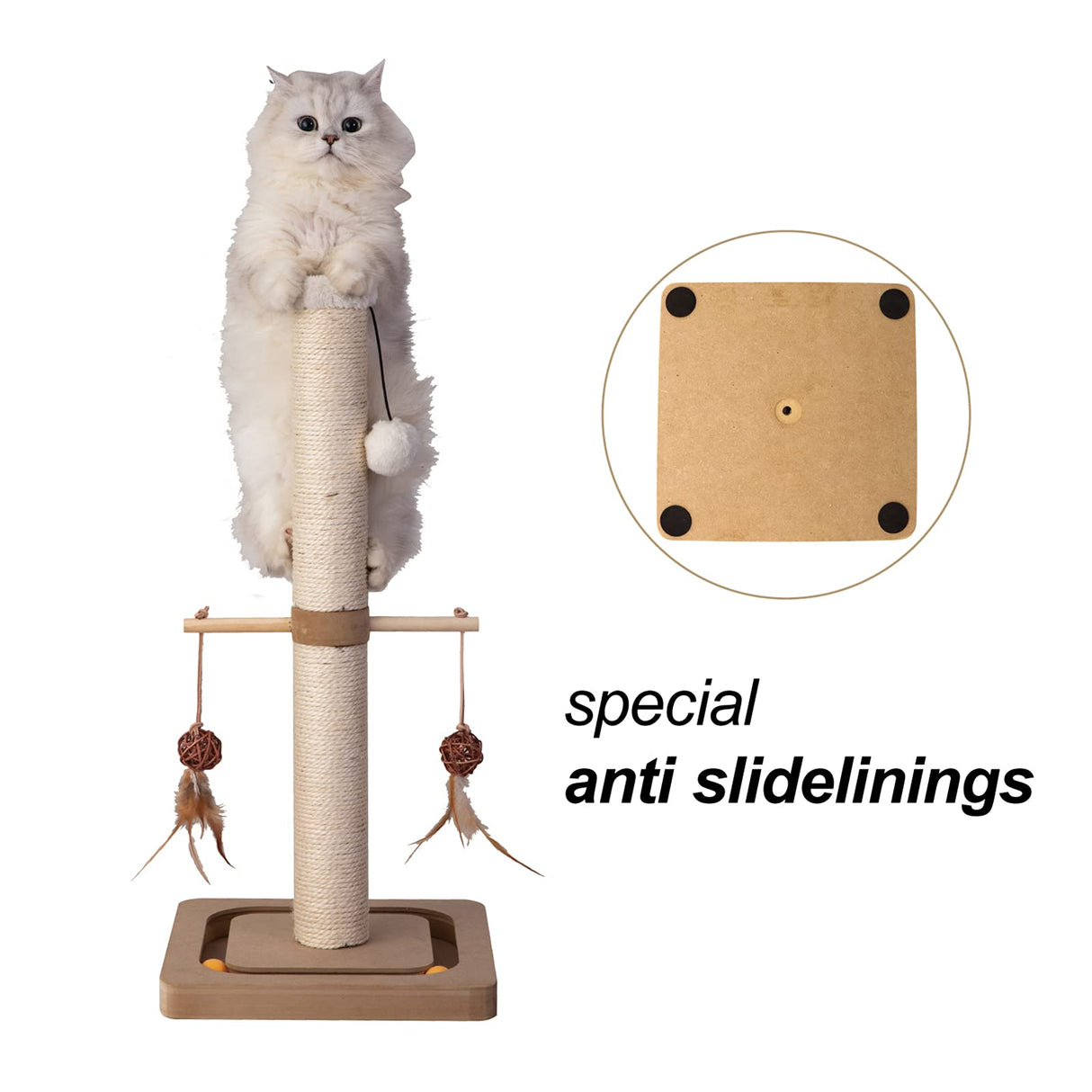 PEEKAB Cat Scratching Post Premium Sisal Scratch Posts with Tracking Interactive Toys Vertical Scratcher for Indoor Cats and Kittens- 25 inches Beige PEEKAB