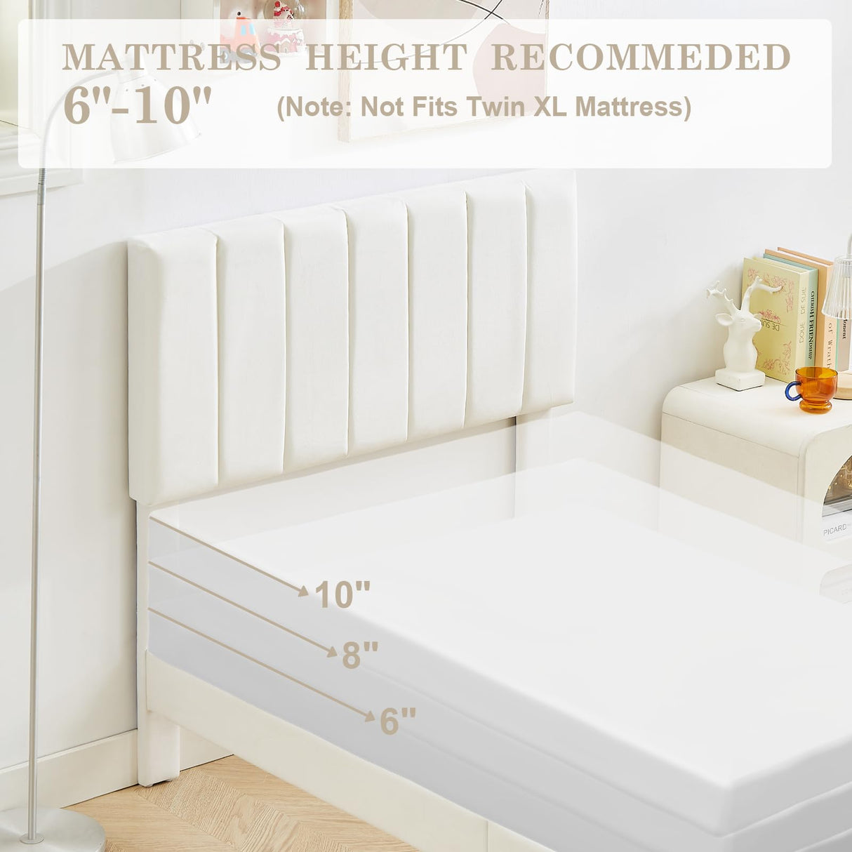 Flolinda Twin Bed Frame with Velvet Headboard, Wooden Slat Support Extend Mattress Life, Modern Upholstered Platform Bed Frame No Box Spring Needed, Easy Assembly, Cream White Flolinda