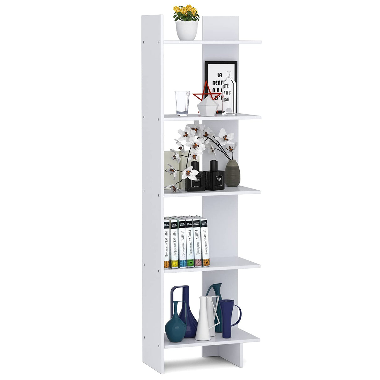 Tangkula 5-Shelf Bookcase, Room Divider and Display Shelf, Freestanding Decorative Storage Shelving, Wooden Bookshelf for Home Living Room Office Bedroom, Room Divider Bookshelf (White, 1) Tangkula