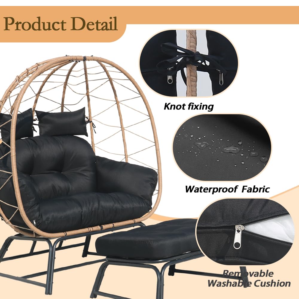 Frxeyaliz Outdoor Double Egg Chair w/Ottoman PE Rattan Wicker Papasan Chair w/Cushion for Patio Bedroom Living Room Balcony Backyard Frxeyaliz