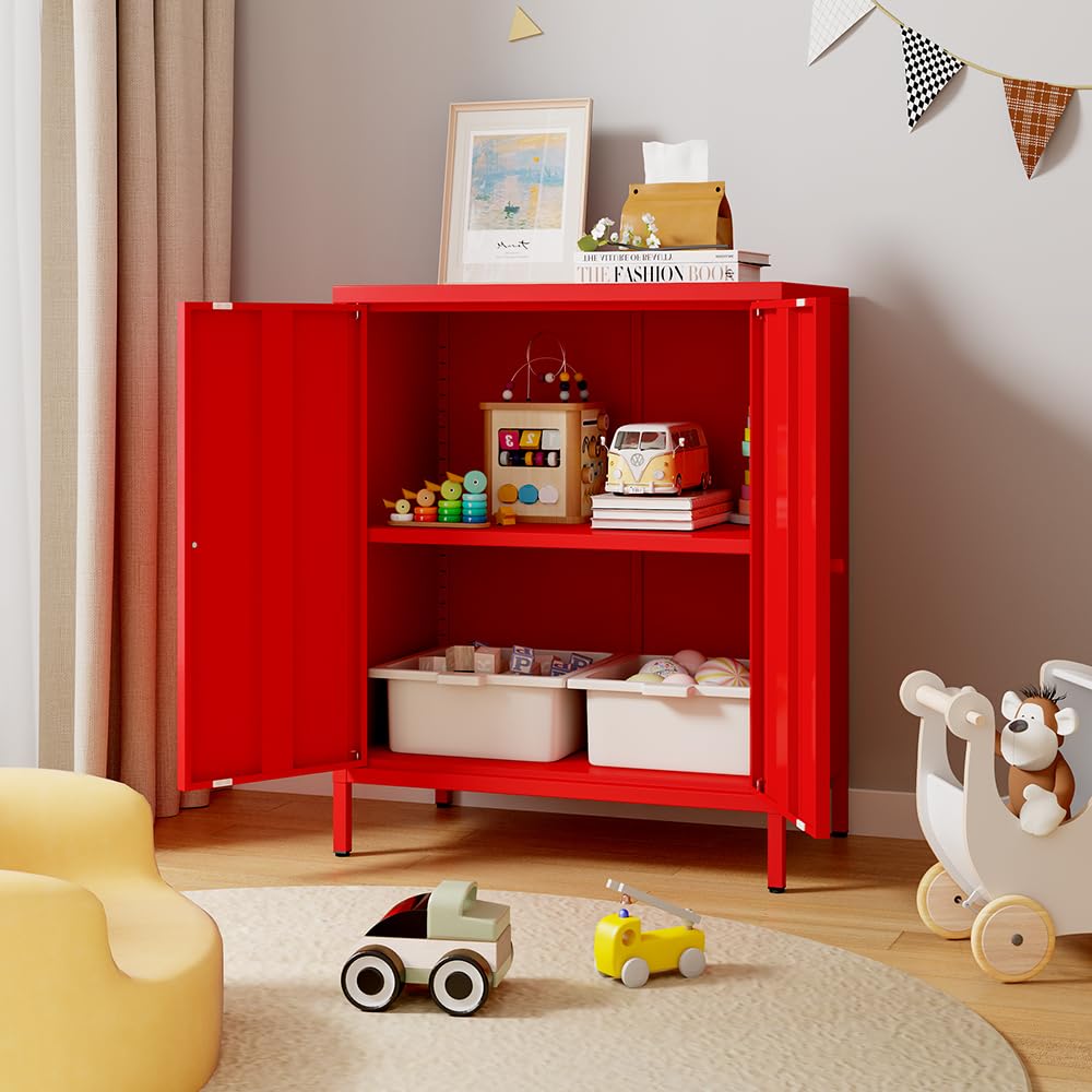 ZHISLUCK 2 Door Metal Accent Storage Cabinet-Locker Cabinet for Bedroom, Bedside, Office Room,LivingRoom-Metal Storage Cabinet with 1 Adjustable Shelves (red) ZHISLUCK