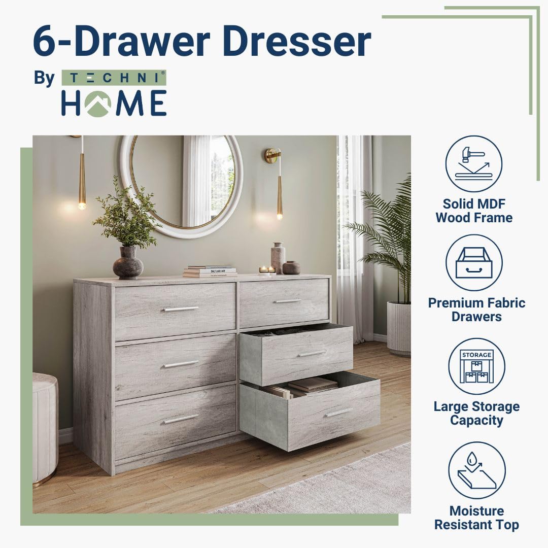 Modern 6-Drawer Dresser with Spacious Storage,Sturdy Wood Frame, and Large Capacity Drawers, Dressers for Bedroom, Home Organization Storage for Living Room or Hallway, Grey Techni Home