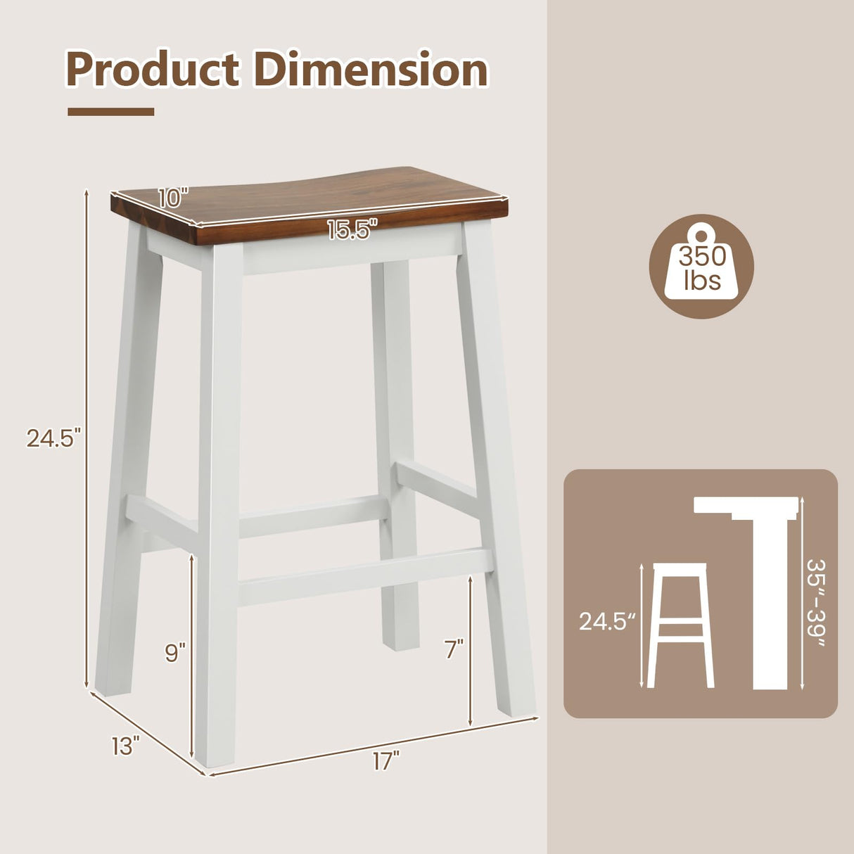 COSTWAY 24.5 Inch Bar Stools Set of 2, Solid Wood Saddle Stools w/Footrests, Industrial Counter Height Breakfast Stools for Kitchen Island, Dining Room, Living Room & Bar, White & Walnut COSTWAY