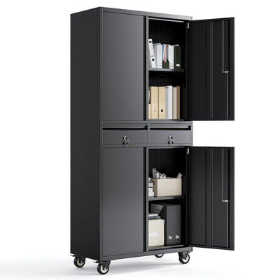 PioneerWorks 73" Metal Storage Cabinet w/Locking Doors | Adjustable Shelves + 2 Drawers | Robust Utility Storage for Garage Organization-Dark Black with Legs