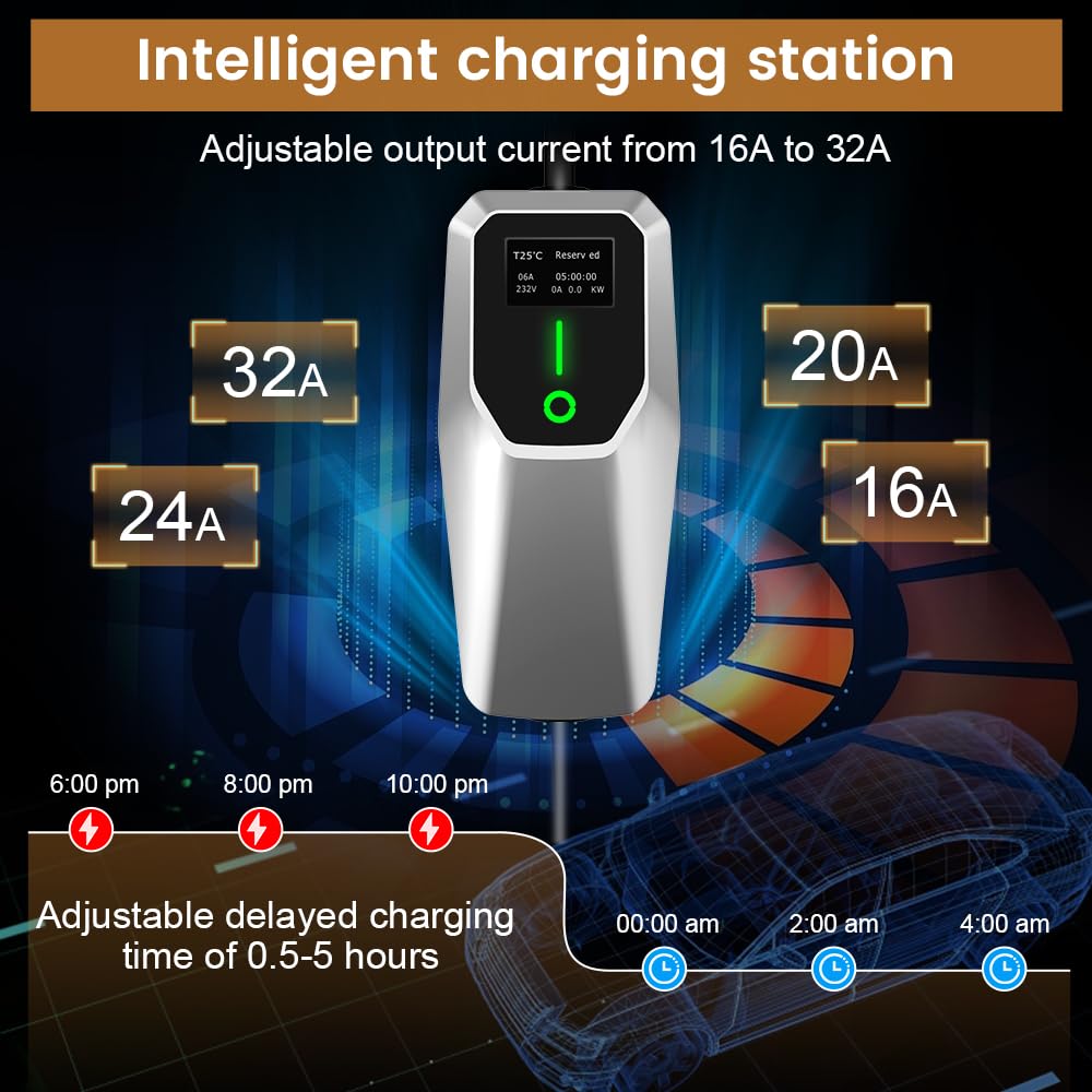 AWESAFE Electric Vehicle Charger Level 2 EV Charger, 7.6KW Portable Fast Charger with J1772 Connector, 32Amp NEMA 14-50 Plug, Scheduled Charging, Plug-in Home EV Charging Station AWESAFE