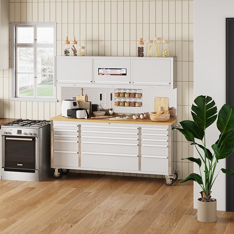 72 Inch Garage Tool Cabinet with 15 Drawers, Garage Workbench/Storage Cabinet, Rolling Toolbox Stainless Steel Tool Bench with Locking System, Metal Construction, Workshop/Garage/Home GAOMON