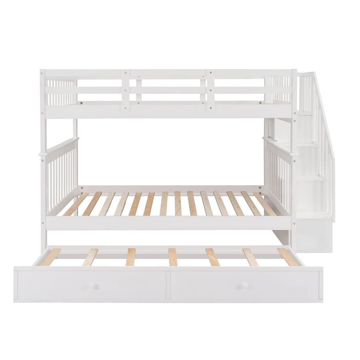 Harper & Bright Designs Full Over Full Bunk Beds with Twin Size Trundle and Stairs, Wood Bunk Bed with Storage Shelves and Guard Rail, Full Size Bunk Bed Frame for Kids, Teens, Adults (Full, White) Harper & Bright Designs