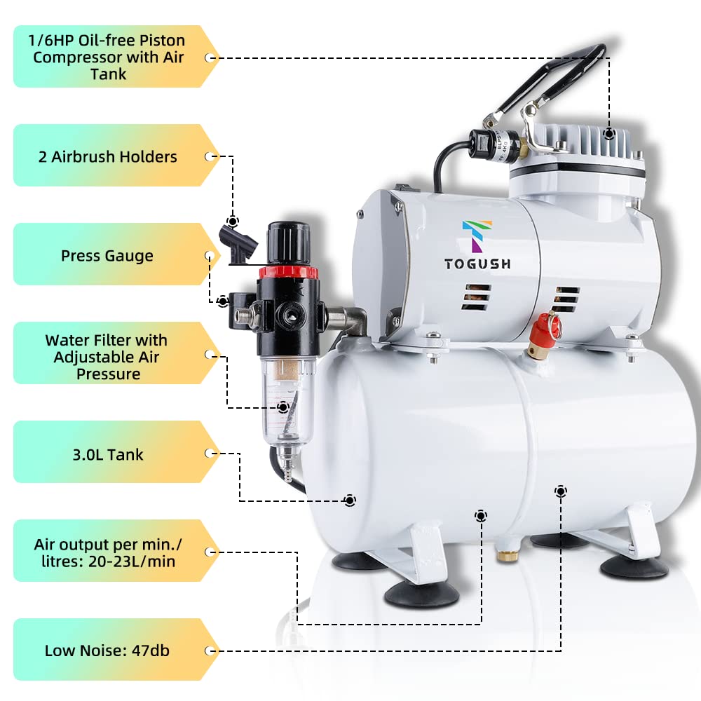T TOGUSH Airbrush Kit with Air Compressor, 15 Color Airbush Paint, Gravity Airbrush And Siphon Airbrush, 1/6 HP Quiet Air Compressor with 3L Tank, Airbrush for Model Hobby Craft DIY Painting T TOGUSH