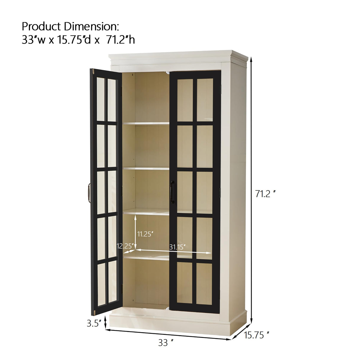 71.2" Rustic Display Cabinet, Farmhouse Pantry Stoage Cabinet with Glass Doors & Lattice Window, Tall Wooden Curio Cabinet with Adjustable Shelves for Hallway Living Room Kitchen Office, White+Balck Heliodeck
