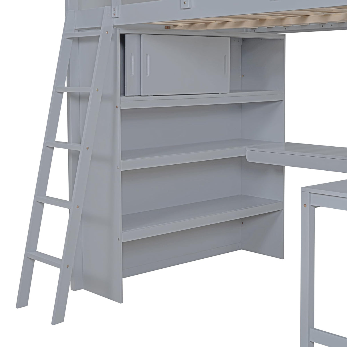 Ibraccieni Full Size Loft Bed with Desk and Shelves, Wood Loft Bed Frame with Ladders and Full-Length Guardrail for Adult, Space-Saving Design, No Box Spring Needed, Gray Ibraccieni